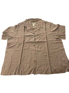 Caribbean Joe Womens Brown Short-Sleeve Button-Down Shirt 2X Silk Blend Relaxed